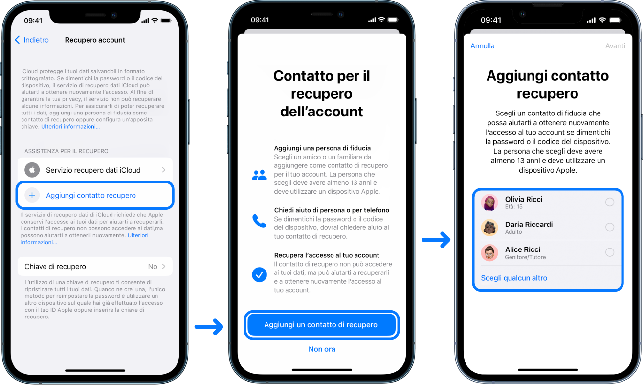 Tre schermate di iPhone che mostrano come aggiungere un contatto per il recupero dell’account.