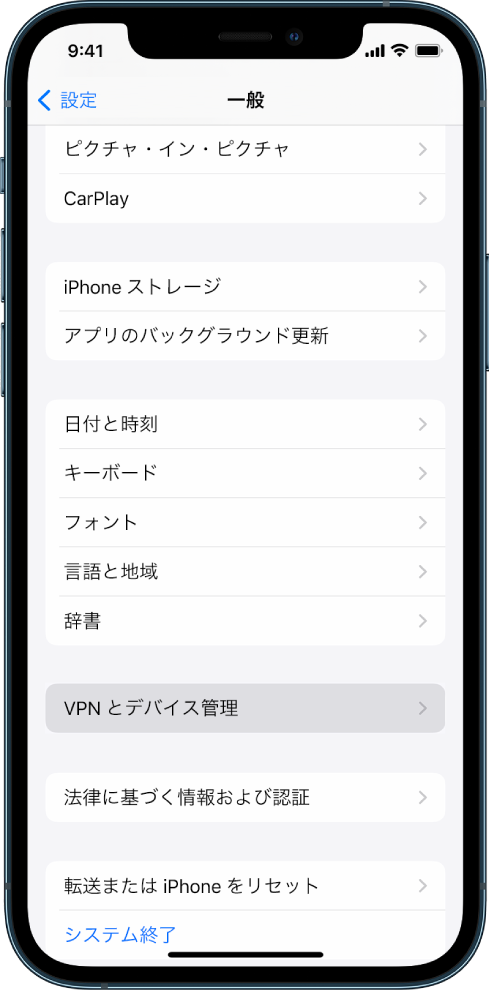 iPhoneの画面。「VPNとデバイス管理」オプションが選択されています。