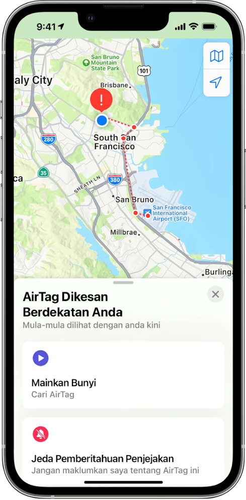 Skrin iPhone menunjukkan AirTag dikesan berdekatan pengguna dalam app Peta.
