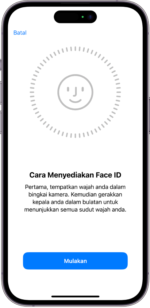 Skrin persediaan pengecaman Face ID. Muka ditunjukkan pada skrin, dikurung dalam bulatan. Teks di bawahnya mengarahkan pengguna untuk menggerakkan kepala mereka dengan perlahan untuk melengkapkan bulatan. Butang untuk Pilihan Kebolehcapaian kelihatan berdekatan bahagian bawah skrin.
