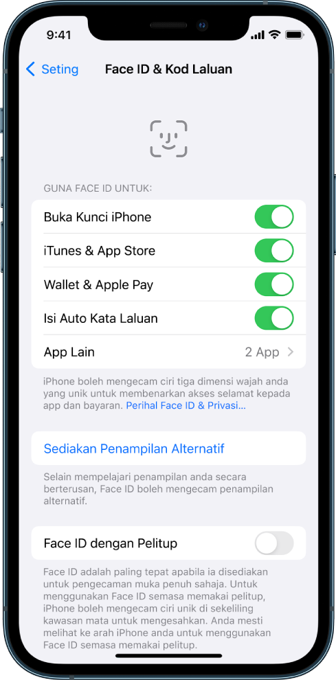 Skrin Face ID iPhone menunjukkan perkara yang boleh digunakan dengan Face ID, seperti Buka Kunci iPhone, iTunes & App Store, Wallet & Apple Pay dan Isi Auto Kata Laluan.
