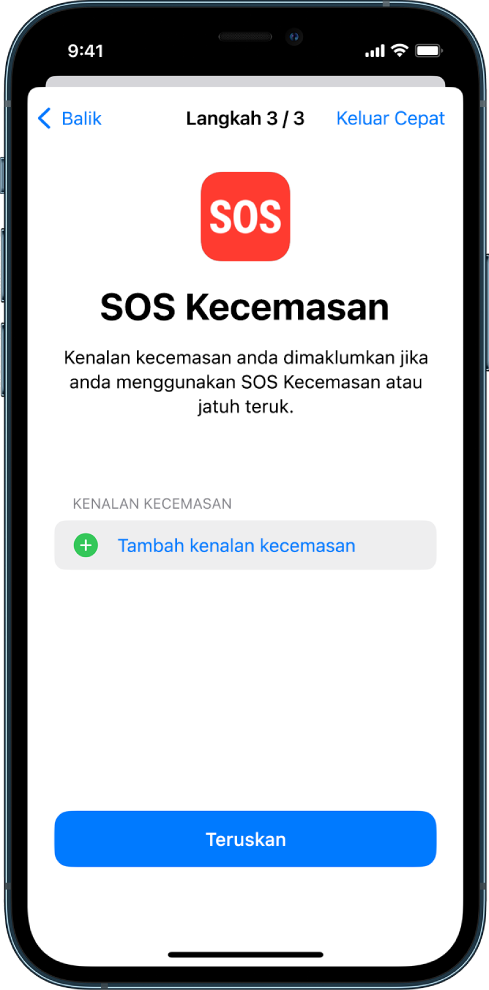 Dua skrin iPhone menunjukkan skrin SOS Kecemasan dan skrin Kemas Kini Kod Laluan Peranti.