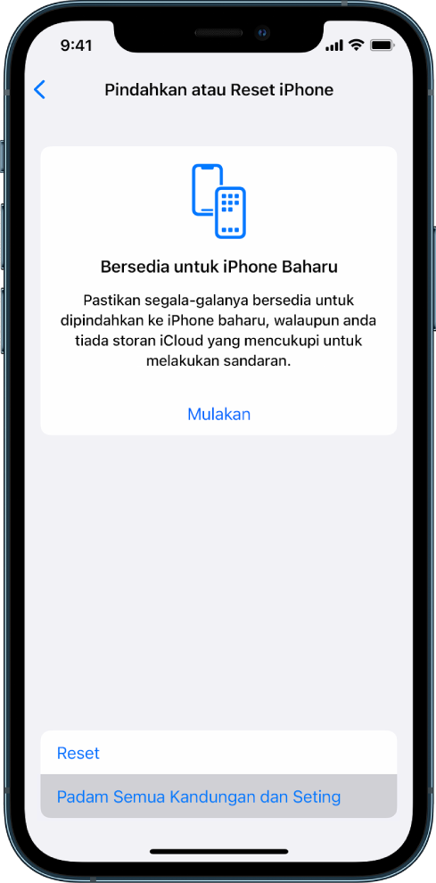 Skrin iPhone menunjukkan Padam Semua Kandungan dan Seting sebagai pilihan yang dipilih.
