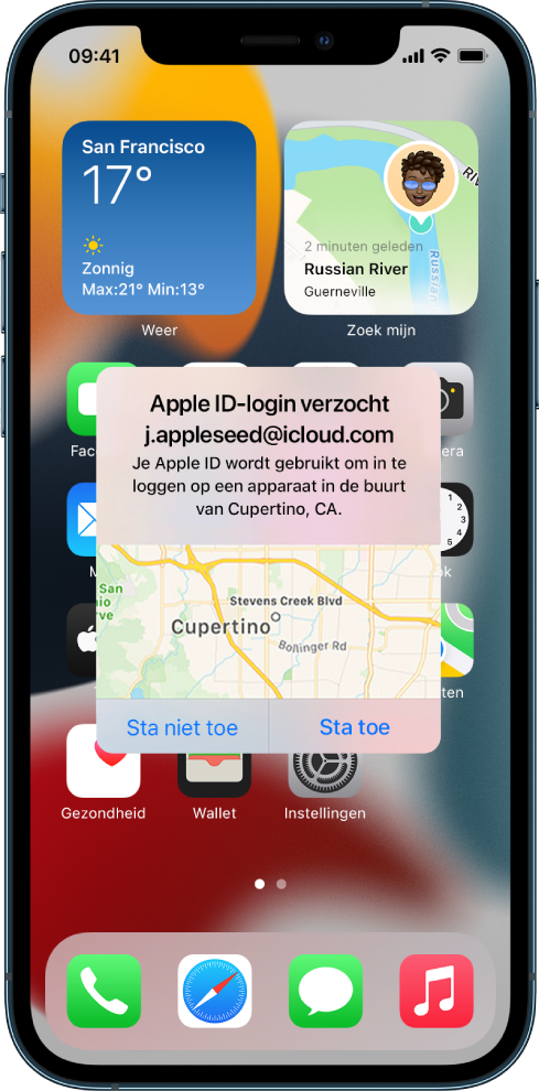 Een iPhone-scherm met een inlogpoging van een gebruiker op een ander apparaat dat aan de iCloud-account is gekoppeld.