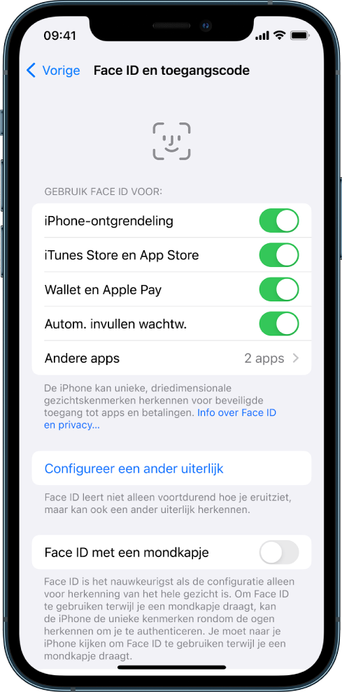 Het Face ID-scherm op de iPhone waarop te zien is waarvoor Face ID kan worden gebruikt, zoals het ontgrendelen van de iPhone, de iTunes Store en App Store, Wallet en Apple Pay en het automatisch invullen van wachtwoorden.