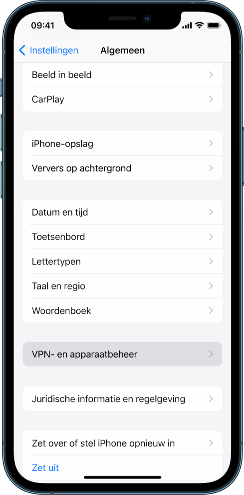 Een iPhone-scherm waarop de optie 'VPN- en apparaatbeheer' is geselecteerd.