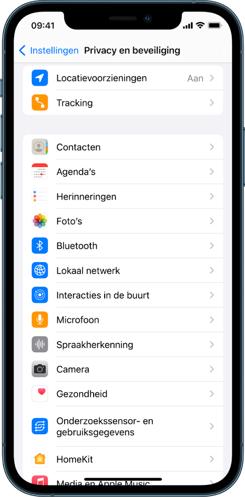 Een iPhone met het scherm 'Privacy en beveiliging' in Instellingen.