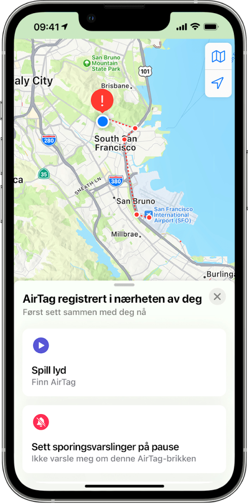 En iPhone-skjerm som viser en AirTag som er registrert i nærheten av brukeren, i Kart-appen.