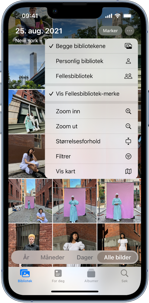 En iPhone-skjerm som viser et personlig bibliotek og et fellesbibliotek i Bilder-appen.