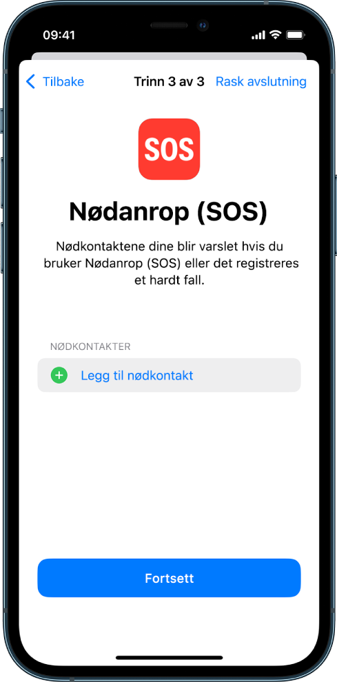 To iPhone-skjermer som viser Nødanrop (SOS)-skjermen og Oppdater kode-skjermen.