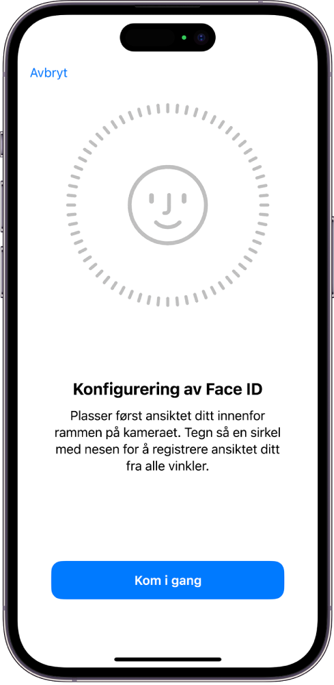 Konfigurasjonsskjermen for Face ID-gjenkjenning. Et ansikt vises på skjermen, omsluttet av en sirkel. Teksten under informerer brukeren om å bevege hodet sakte for å fullføre sirkelen. En knapp for tilgjengelighetsvalg vises nesten nederst på skjermen.