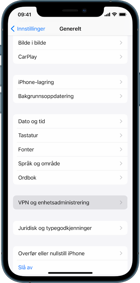 En iPhone-skjerm som viser at VPN og enhetsadministrering er markert.