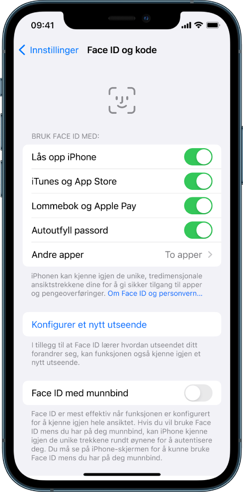 Face ID-skjermen på iPhone viser hva Face ID kan brukes til, for eksempel til å låse opp iPhone, i iTunes og App Store, Lommebok og Apple Pay og Autoutfyll passord.