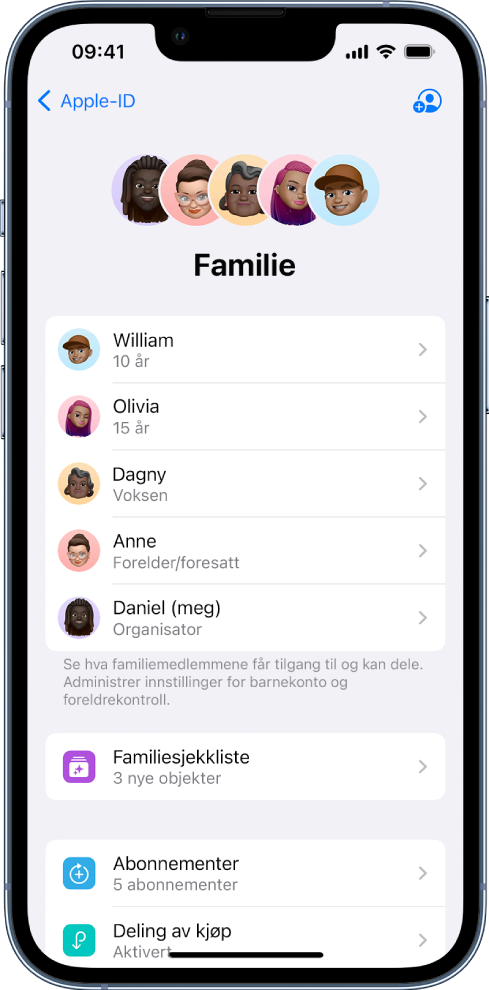 Familiedeling-skjermen i Innstillinger. Fem familiemedlemmer vises i listen og fire abonnementer er delt med familien.