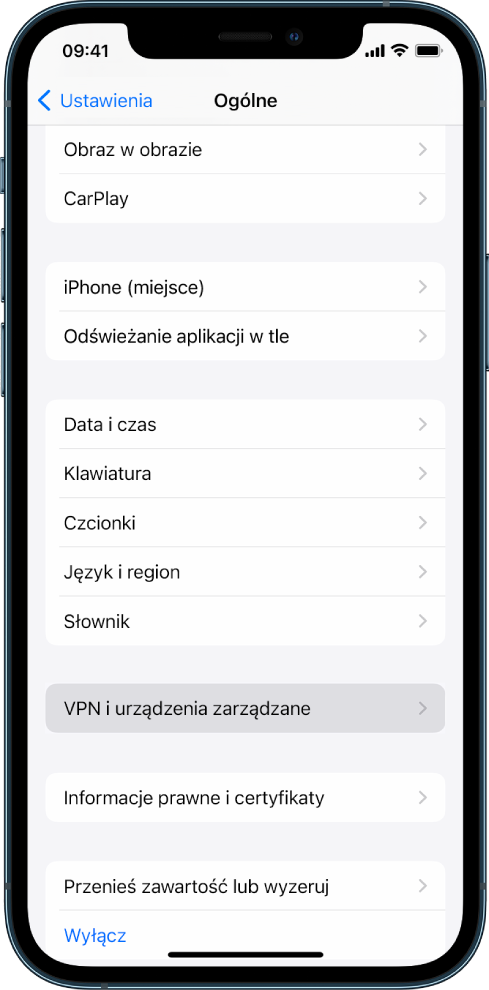 Ekran iPhone’a z zaznaczoną opcją VPN i urządzenia zarządzane.