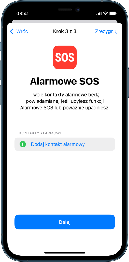 Dwa ekrany iPhone'a na których pokazano Alarmowe SOS oraz Hasło urządzenia