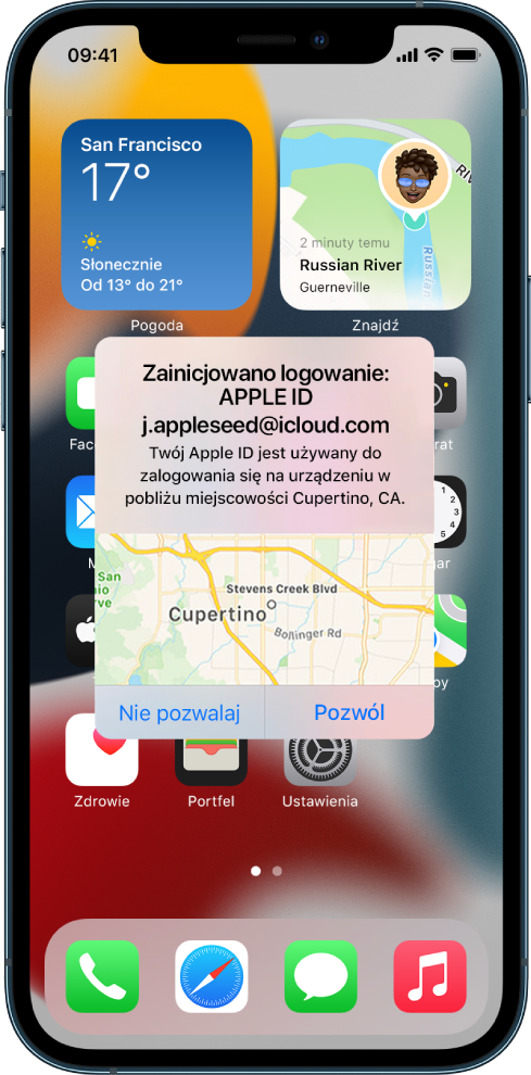 Ekran iPhone’a z informacją o próbie zalogowania się na innym urządzeniu powiązanym z danym kontem iCloud.