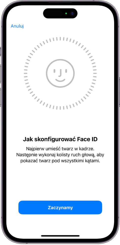 Ekran konfiguracji funkcji Face ID. Zawiera twarz otoczoną okręgiem. Tekst na dole prosi użytkownika, aby wykonał powoli kolisty ruch głową. W dolnej części ekranu widoczny jest przycisk Opcje dostępności.