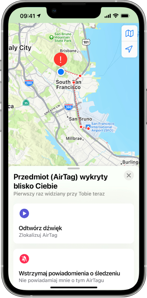 Ekran iPhone’a z informacją o wykryciu AirTaga w pobliżu użytkownika w aplikacji Mapy.