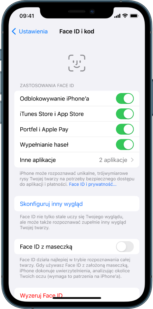 Ekran iPhone’a z informacjami o możliwych zastosowaniach Face ID, takich jak odblokowywanie iPhone’a, iTunes i App Store, Portfel i Apple Pay oraz automatyczne wypełnianie haseł.