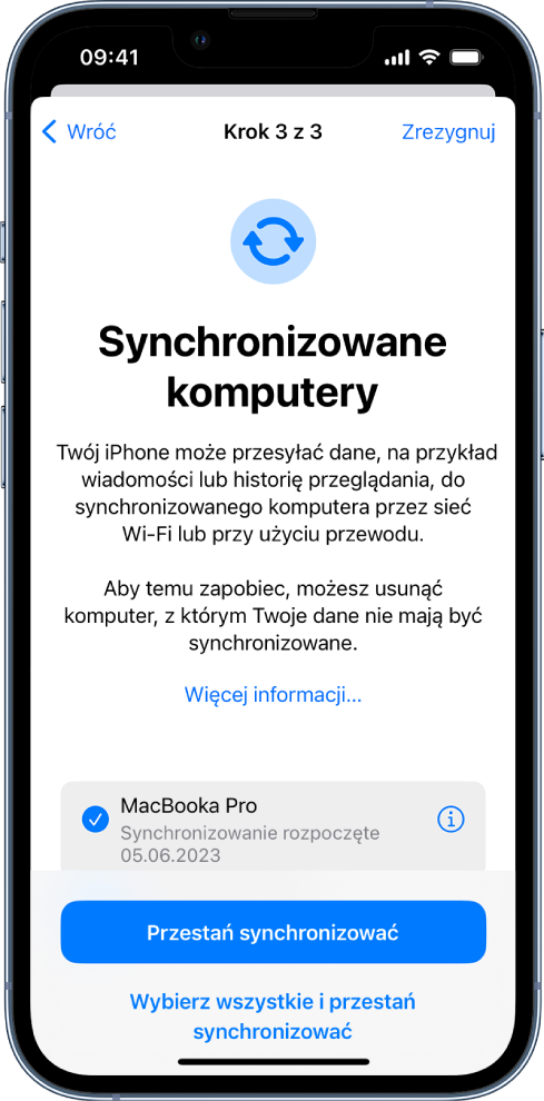 Dwa ekrany iPhone’a: Synchronizowane komputery oraz Przekazywanie prywatne iCloud.