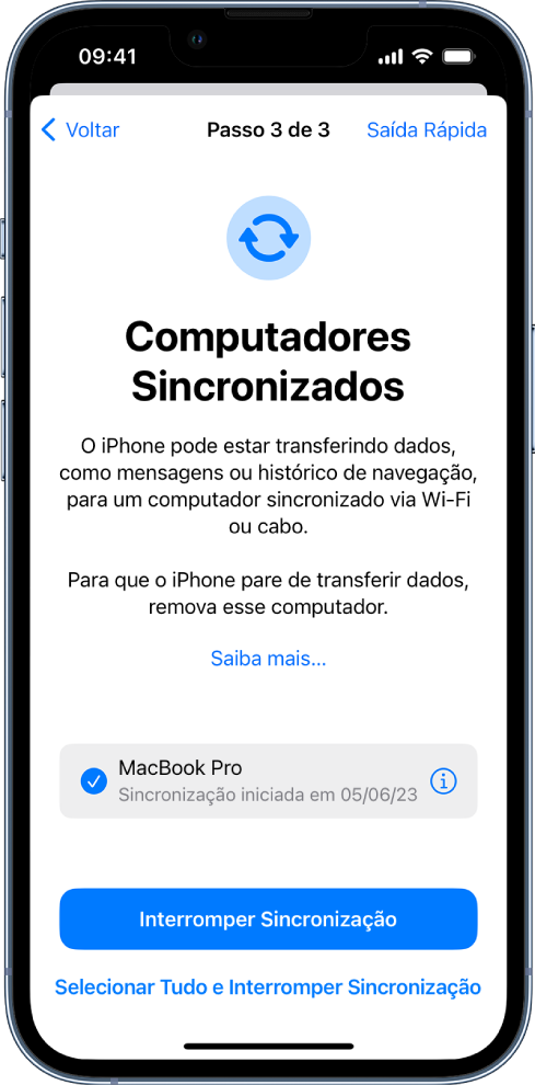 Duas telas de iPhone mostrando a tela de Computadores Sincronizados e a tela de Retransmissão Privada do iCloud.