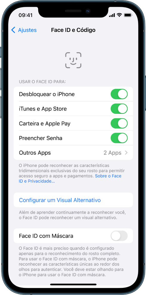 Tela do Face ID no iPhone mostrando para que o Face ID pode ser usado, como Desbloquear o iPhone, iTunes e App Store, Carteira e Apple Pay e Preenchimento Automático de Senhas.