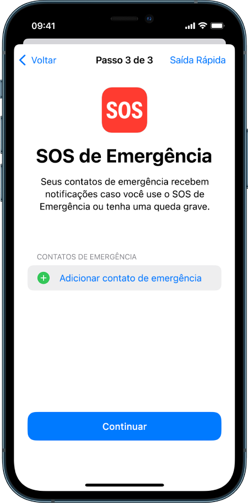 Duas telas do iPhone, mostrando a tela “SOS de Emergência” e a tela “Atualize o Código do Dispositivo”.