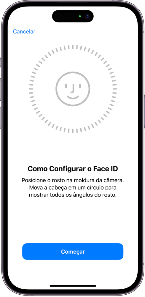 A tela de configuração de reconhecimento do Face ID. Um rosto está aparecendo na tela, rodeado por um círculo. Um texto abaixo instrui o usuário a mover a cabeça lentamente para completar o círculo. Um botão de Opções de Acessibilidade aparece perto da parte inferior da tela.