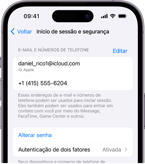 Tela do iPhone mostrando a autenticação de dois fatores ativada.