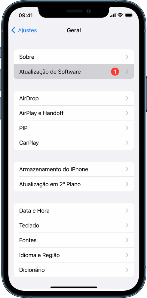 Tela do iPhone mostrando que uma atualização de software está disponível.