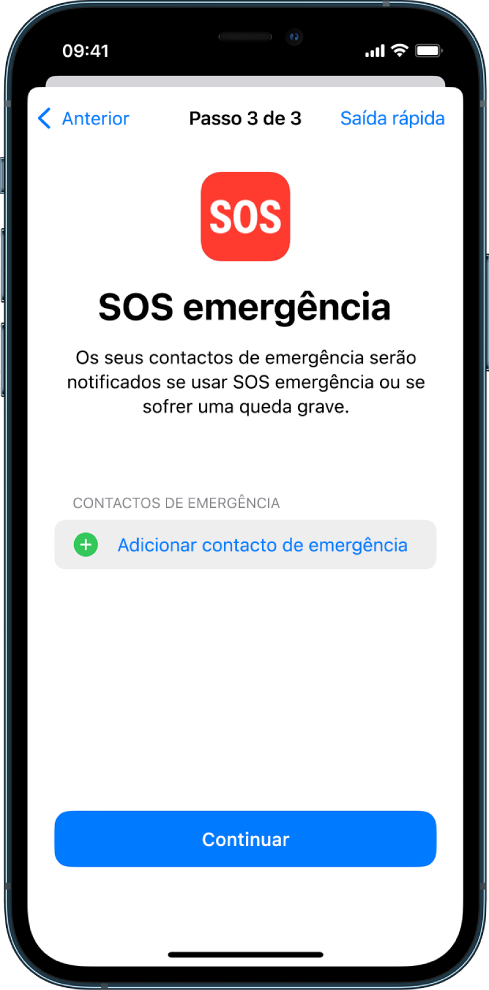 Dois ecrãs de iPhone mostram o ecrã “SOS emergência” e o ecrã “Atualizar código do dispositivo”.