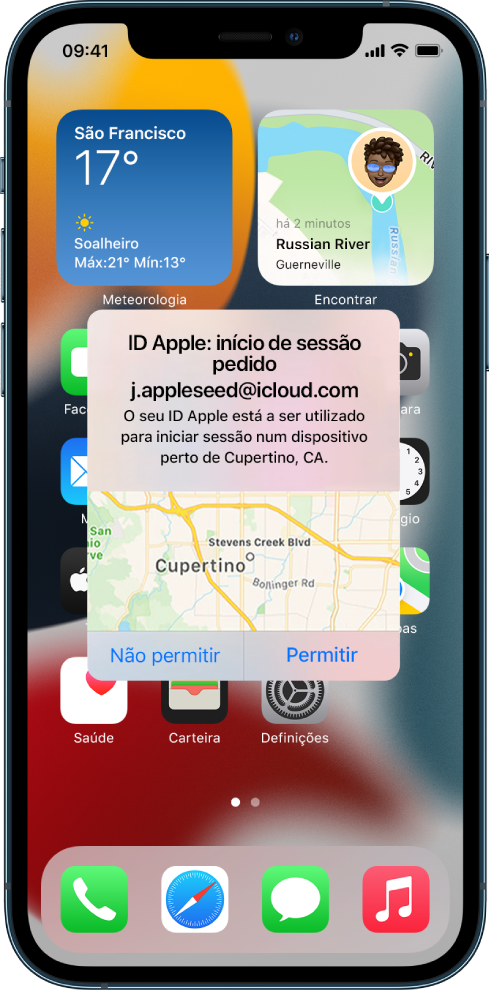 Um ecrã do iPhone mostra uma tentativa de início de sessão de um utilizador noutro dispositivo associado à conta iCloud.