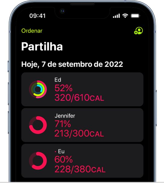 Um ecrã do iPhone mostra dados de atividade partilhados com duas outras pessoas.