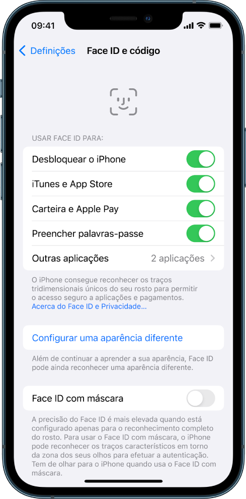 O ecrã de Face ID do iPhone mostra os diferentes usos de Face ID: Desbloquear o iPhone, iTunes e App Store, Carteira e Apple Pay e Autopreencher palavra-passe.