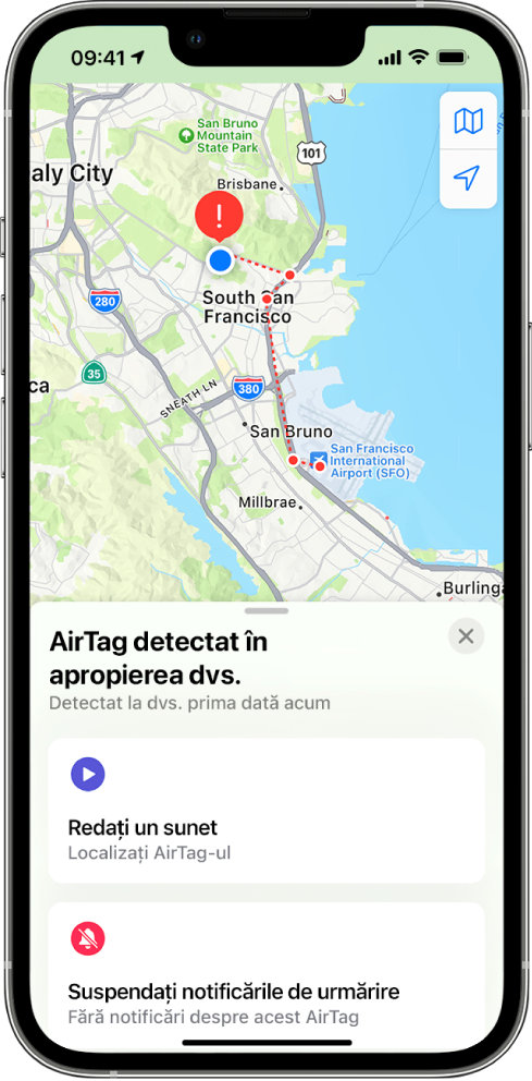 Ecranul unui iPhone indicând un AirTag detectat în apropierea utilizatorului în aplicația Hărți.
