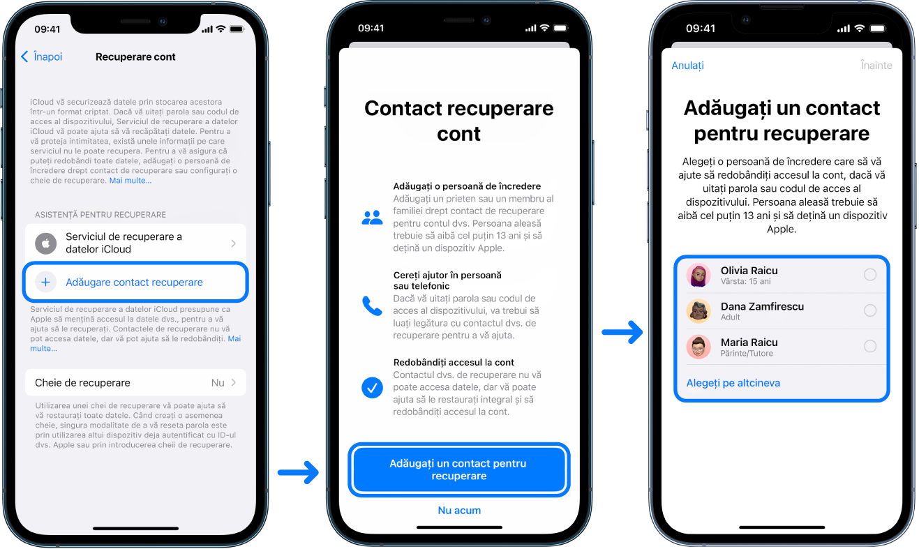 Trei ecrane de iPhone prezentând cum se adăugă contactele de recuperare a contului.