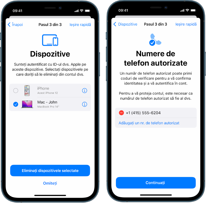 Trei ecrane de iPhone prezentând (1) un dispozitiv selectat pentru a fi eliminat dintre dispozitivele de încredere, (2) un ecran pentru editarea numerelor de telefon de încredere și (3) un ecran pentru actualizarea parolei unui ID Apple.