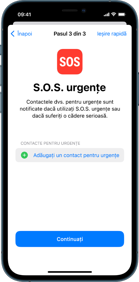 Două ecrane de iPhone prezentând ecranul S.O.S. Urgențe și ecranul Actualizați codul de acces al dispozitivului.