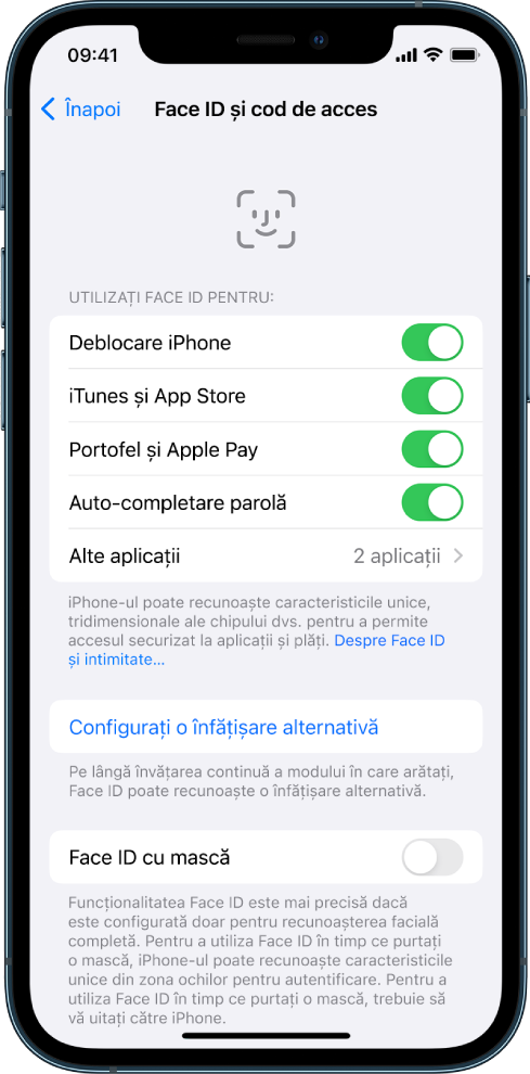Ecranul Face ID de pe iPhone, afișând pentru ce poate fi utilizat Face ID, de exemplu deblocarea iPhone‑ului, iTunes și App Store, Portofel și Apple Pay și Auto-completare parolă.