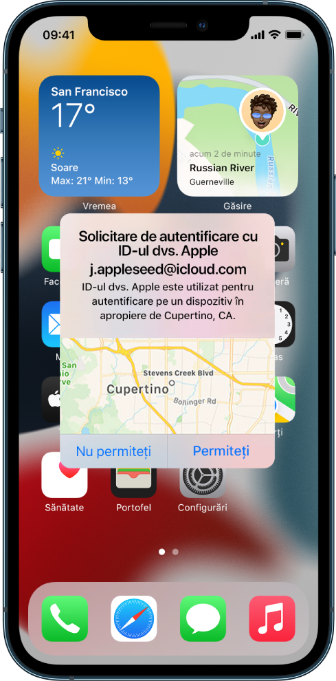 Ecranul unui iPhone prezentând o încercare de autentificare a unui utilizator pe un alt dispozitiv asociat cu contul de iCloud.