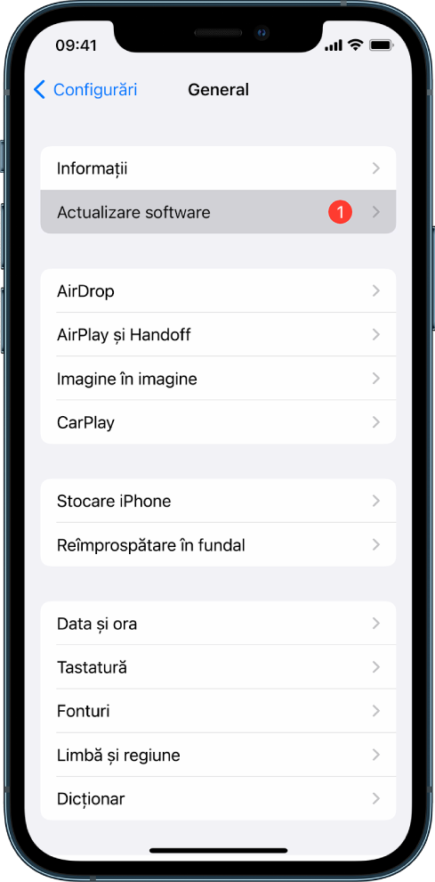 Ecranul unui iPhone indicând faptul că este disponibilă o actualizare software.