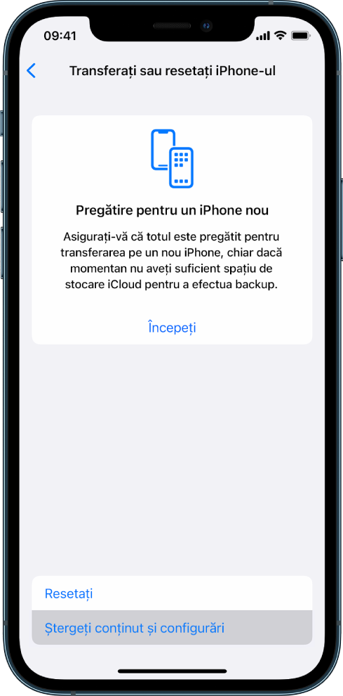 Ecranul unui iPhone prezentând opțiunea selectată Ștergere conținut și configurări.