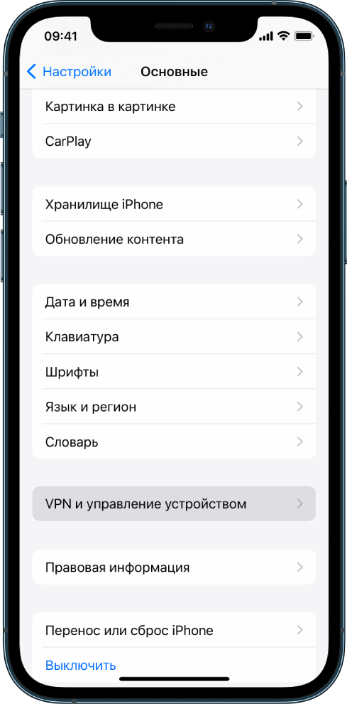 На экране iPhone выбран параметр «VPN и управление устройством».