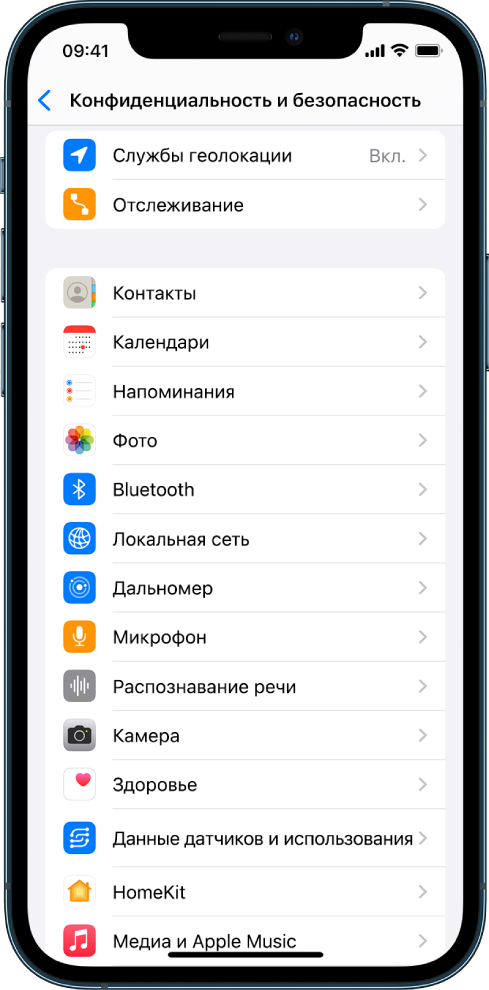 Экран «Конфиденциальность и безопасность» в Настройках iPhone.