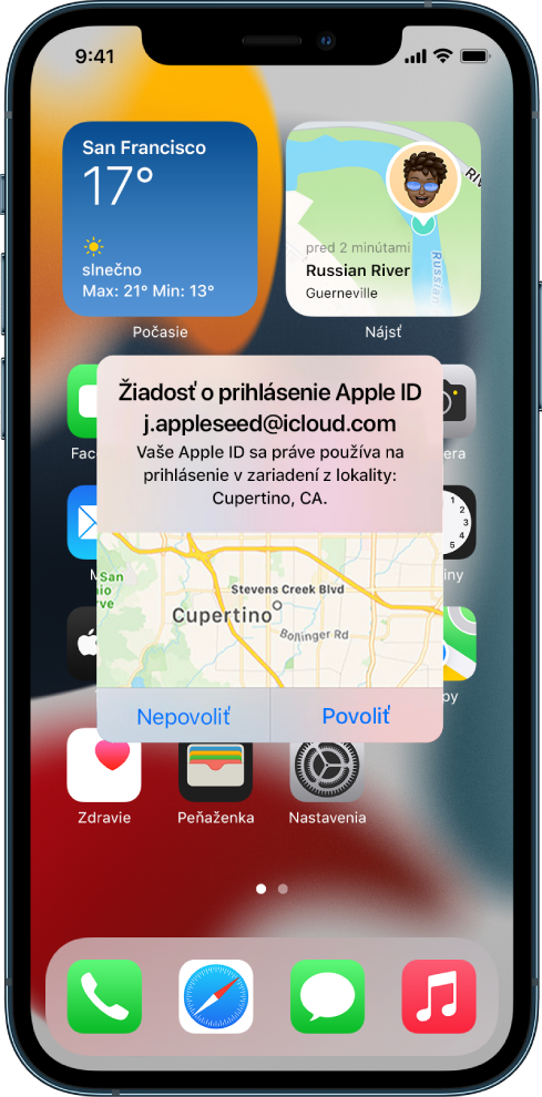 Obrazovka iPhonu s hlásením o pokuse o prihlásenie užívateľa na inom zariadení priradenom k iCloud účtu.