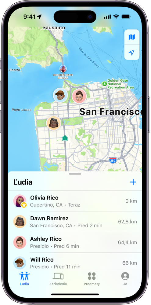 Apka Mapy na iPhone zobrazujúca polohu osoby zdieľanú so štyrmi ďalšími ľuďmi.