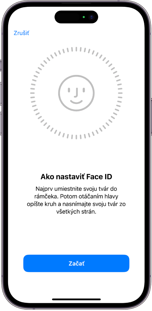 Obrazovka nastavenia rozpoznávania funkciou Face ID. Na obrazovke je vidieť tvár v kruhu. Text pod ňou žiada užívateľa, aby pomalým pohybom hlavy opísal celý obvod kruhu. V dolnej časti obrazovky sa nachádza tlačidlo Možnosti prístupnosti.