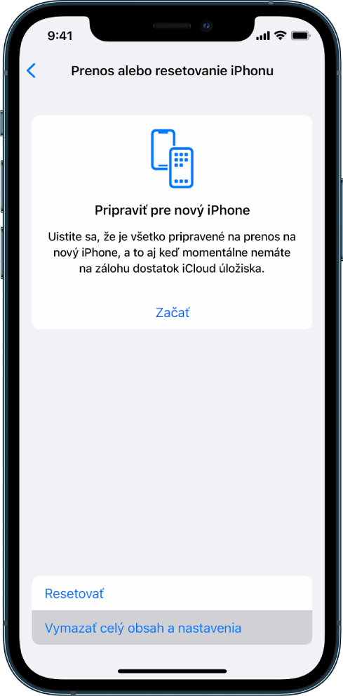 Obrazovka iPhonu s vybranou možnosťou Vymazať celý obsah a nastavenia.