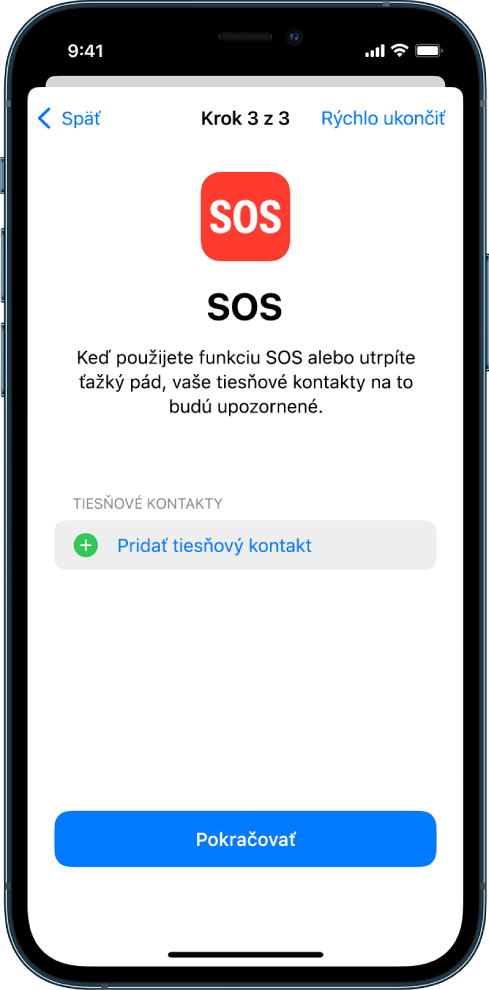 Dve obrazovky iPhonu zobrazujúce obrazovku SOS a obrazovku Aktualizovať kód zariadenia.